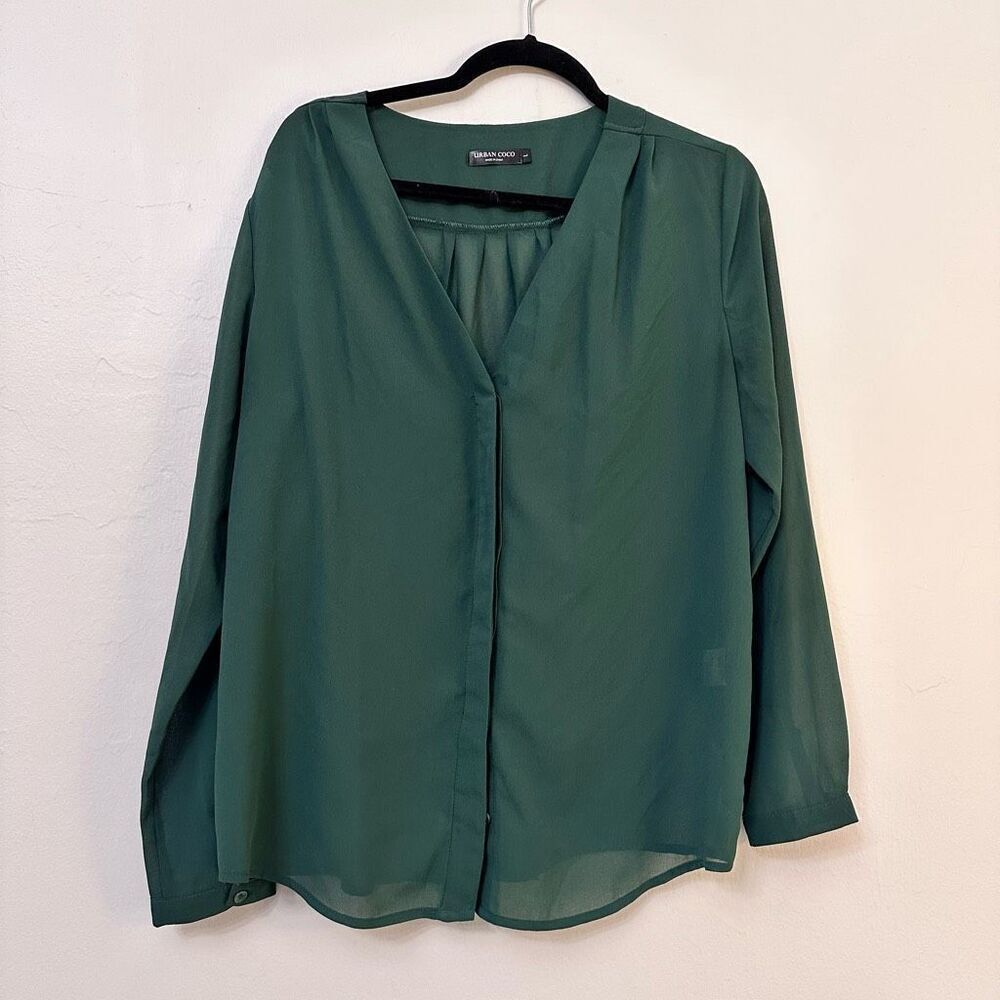 Urban Coco V Neckline Blouse Long Sleeve Pleated Relaxed Fit Green Large